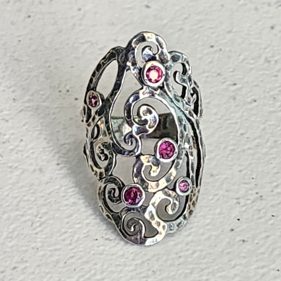 Intricate Long  Filigree Sterling Silver Israel Ring Size 10 with Pink Accents - Picture 3 of 6